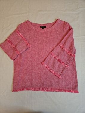 For Cynthia Hot Pink Linen Blend Top with Fringe Detail